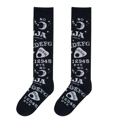 Gothic punk Harajuku knee socks with star and moon patterns, retro Y2K Ouija board design for women and girls.