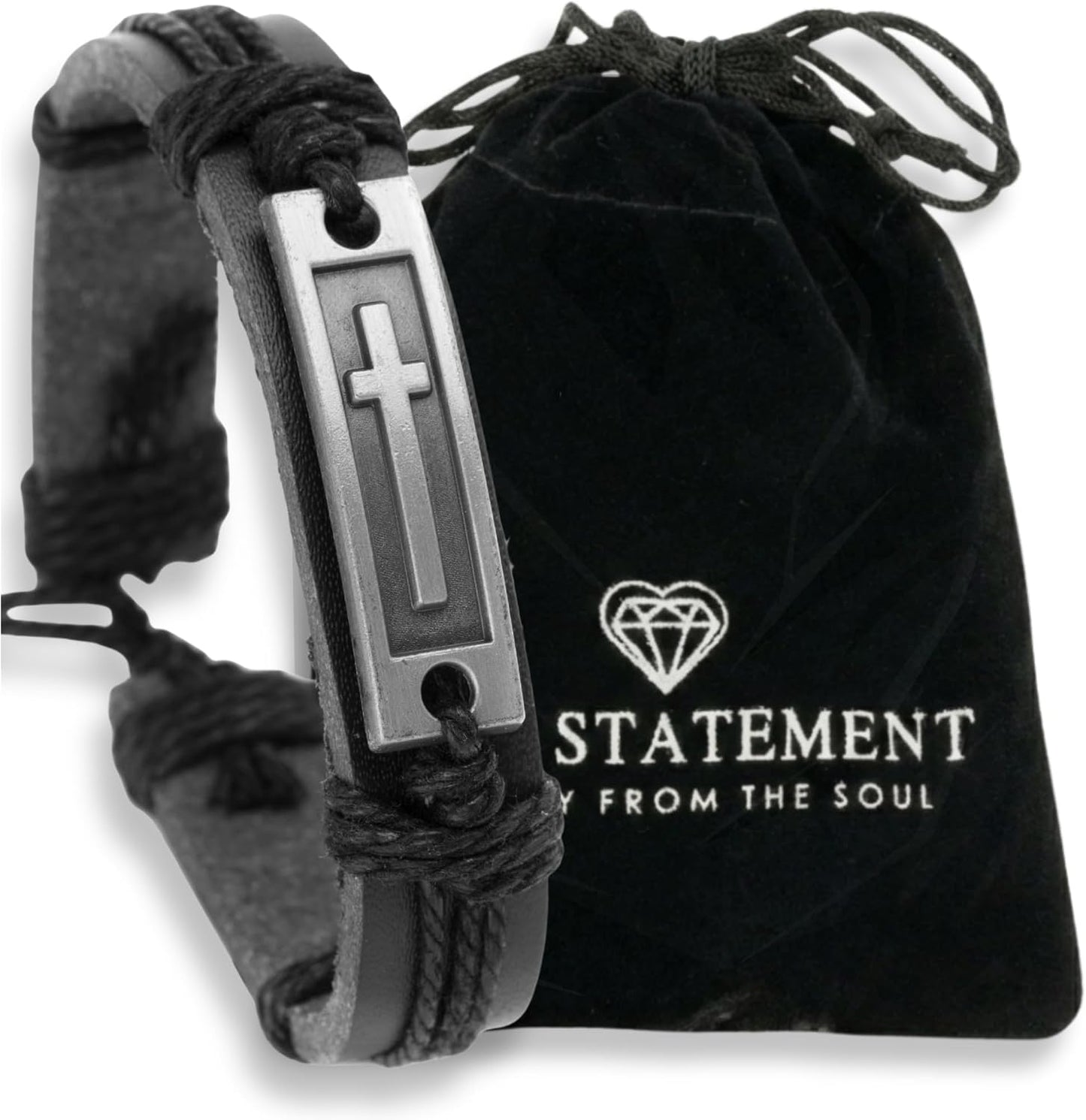 Stylish men's leather cross bracelet by Soul Statement, adjustable Christian faith wristband for teens and men.