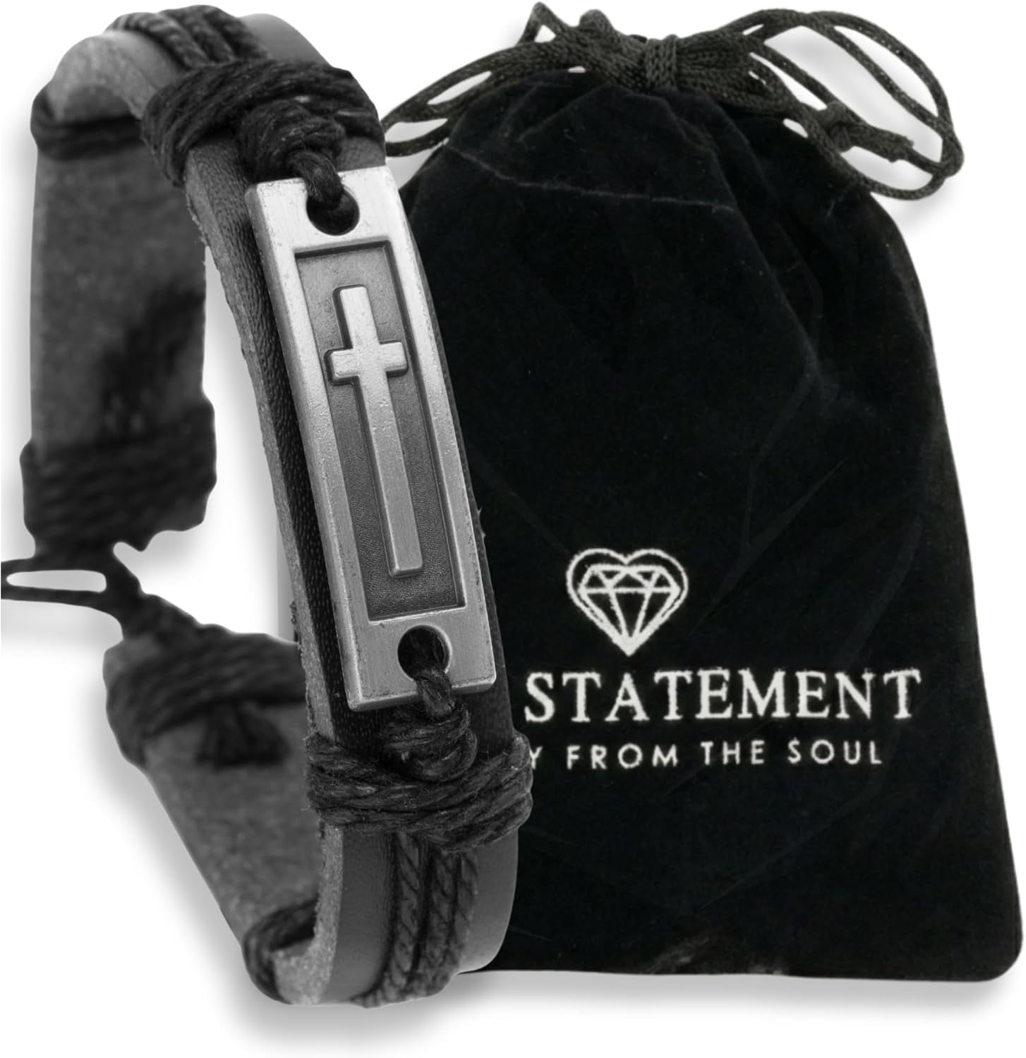 Stylish men's leather cross bracelet by Soul Statement, adjustable Christian faith wristband for teens and men.