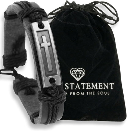 Stylish men's leather cross bracelet by Soul Statement, adjustable Christian faith wristband for teens and men.