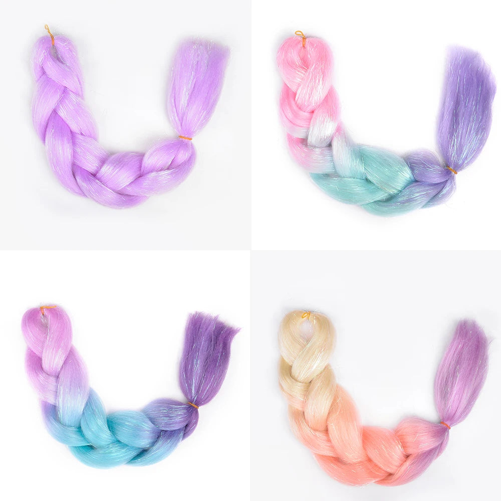 Rainbow Ombre Jumbo Braid Hair Glitter Tinsel Extensions - Sparkle Up Your Festival Look!