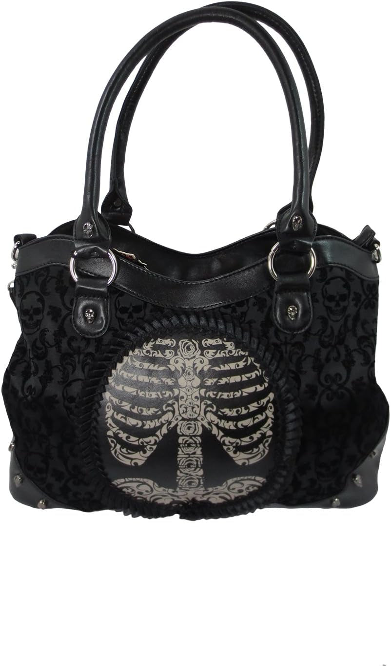 Large black Gothic steampunk ribcage skeleton cameo handbag with shoulder strap, featuring intricate dark Victorian-inspired design.
