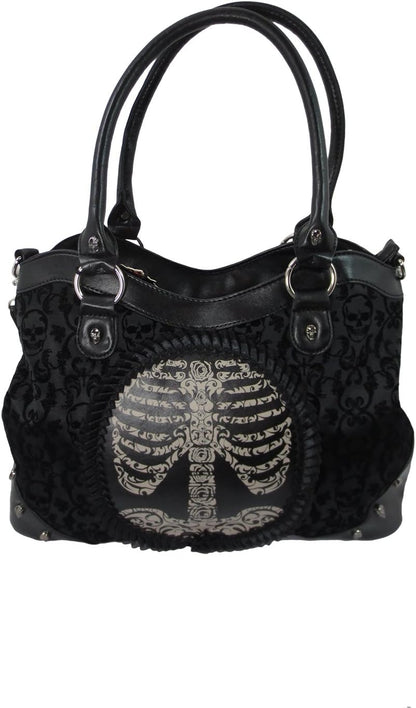 Large black Gothic steampunk ribcage skeleton cameo handbag with shoulder strap, featuring intricate dark Victorian-inspired design.