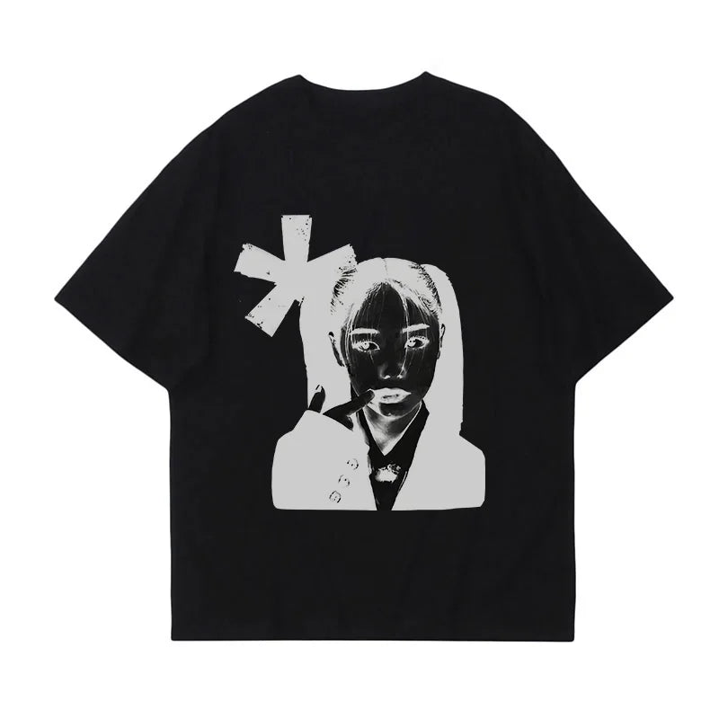 Unisex Y2K graphic print tee by PressureDen.store, short sleeve shirt with bold punk-inspired streetwear design.