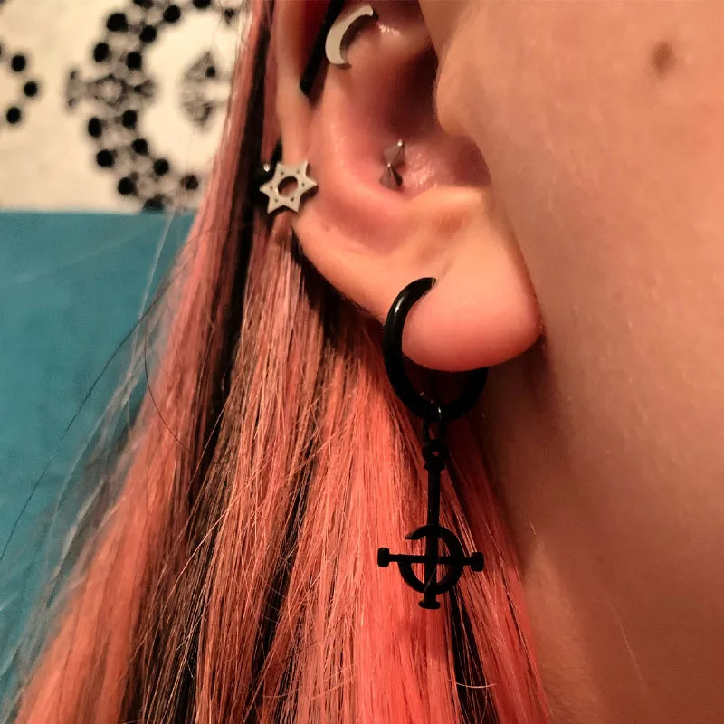 Gothic Ghost BC Nameless dangle earrings with stainless steel ghoul band and pope emeritus mask design, jewelry accessory.