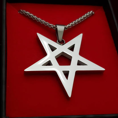 Black inverted pentagram pendant necklace featuring gothic occult design, perfect for witchcraft enthusiasts and gothic jewelry lovers.