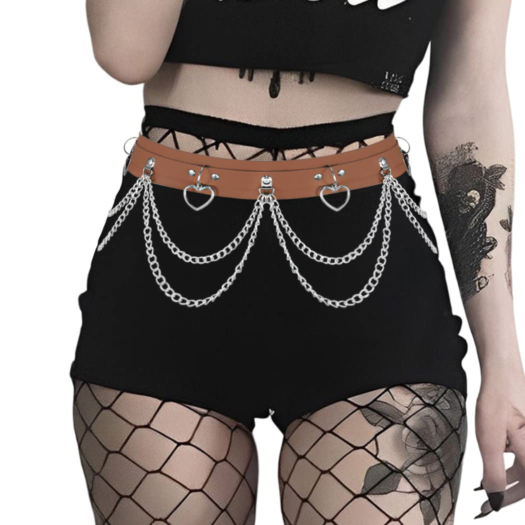 Brown PU leather waist chain belt with heart design by BODIY, trendy rave accessory for women and girls.