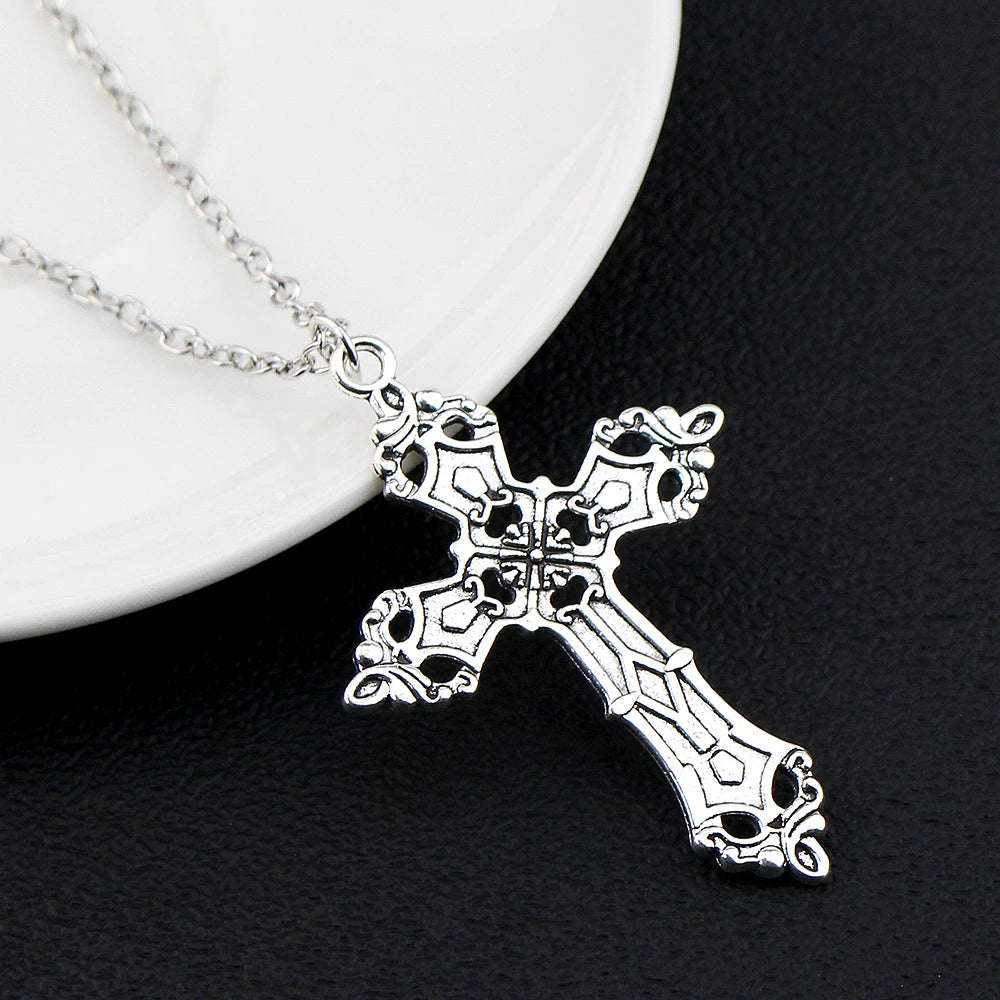 Vintage Baroque cross pendant necklace with gothic grunge chain, Y2K style jewelry for men and women, featuring intricate design details.