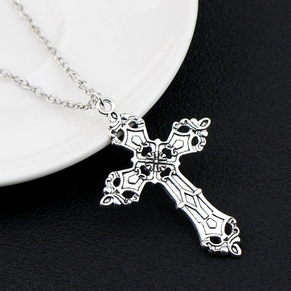 Vintage Baroque cross pendant necklace with gothic grunge chain, Y2K style jewelry for men and women, featuring intricate design details.