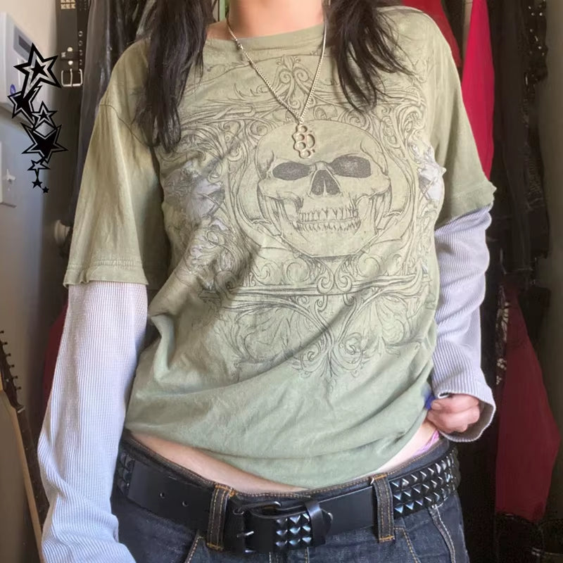 Long sleeve Y2K cyber grunge T-shirt for women featuring retro Harajuku patchwork and gothic style, by PressureDen.store