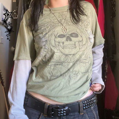 Long sleeve Y2K cyber grunge T-shirt for women featuring retro Harajuku patchwork and gothic style, by PressureDen.store
