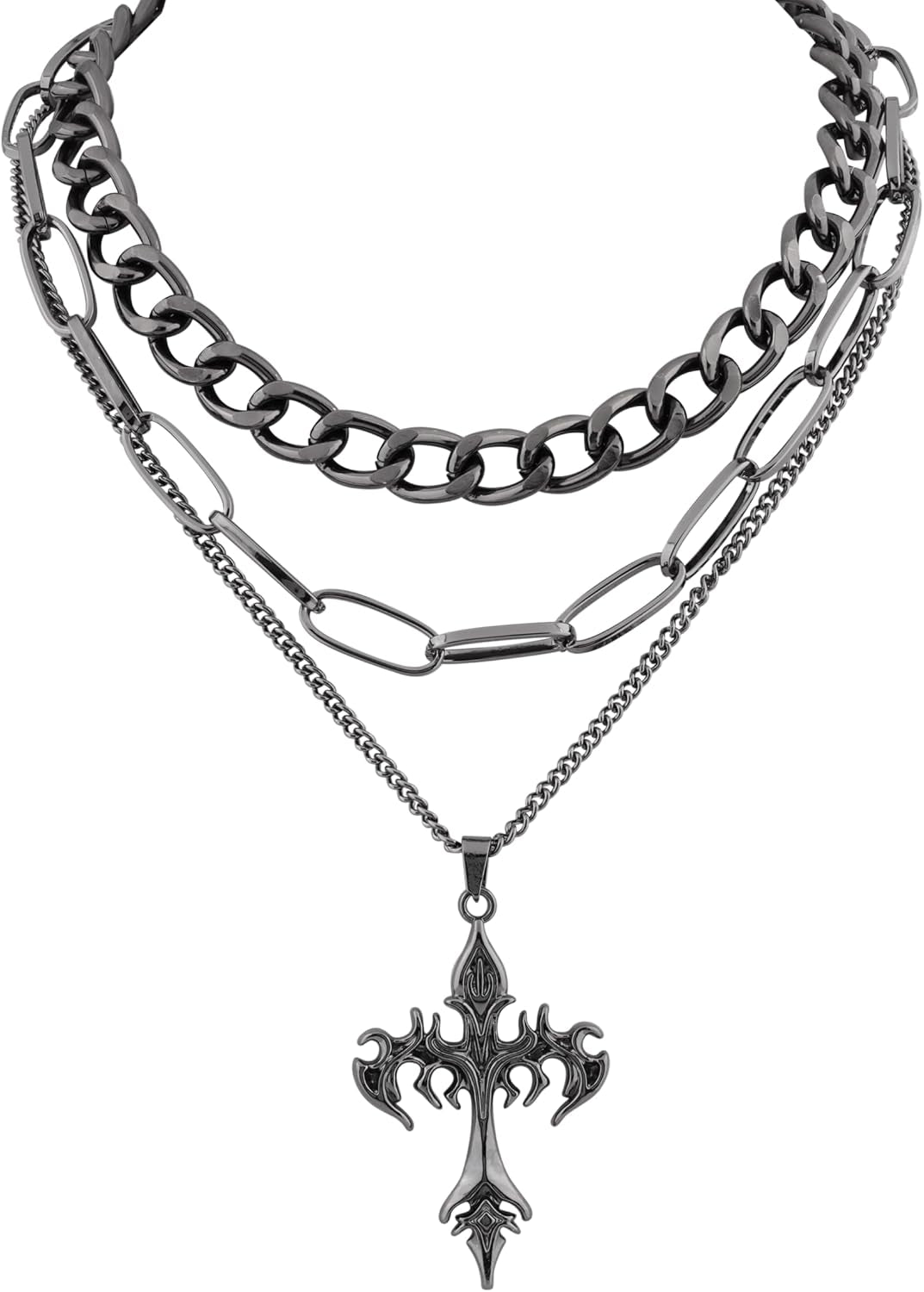 Sacina Gothic layered cross choker necklace with edgy design, perfect for emo, grunge, and Halloween-inspired fashion.