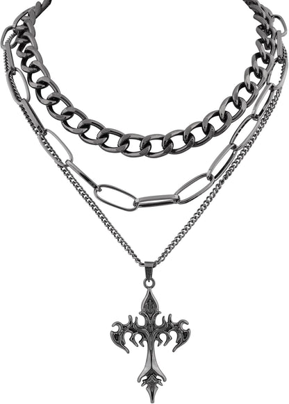 Sacina Gothic layered cross choker necklace with edgy design, perfect for emo, grunge, and Halloween-inspired fashion.