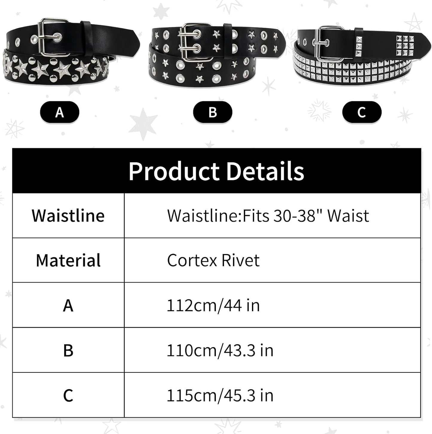 Black studded belt set with pyramid studs, featuring double grommets, ideal for punk rock fashion for men and women.