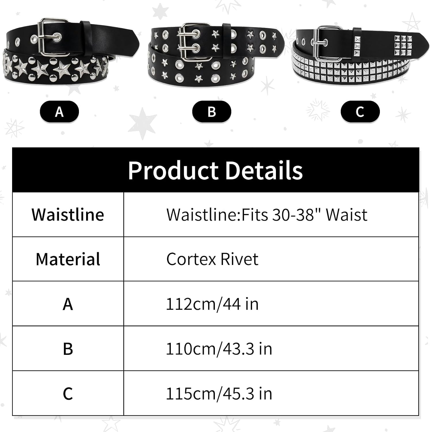 Black studded belt set with pyramid studs, featuring double grommets, ideal for punk rock fashion for men and women.
