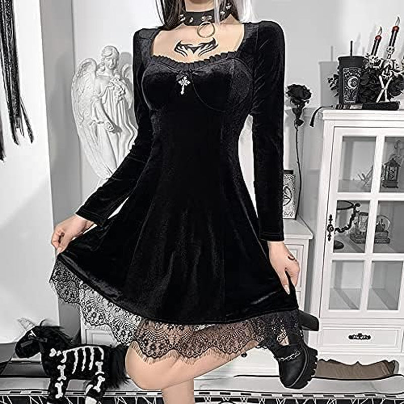 Gothic lace mini dress by PressureDen.store with sleeveless spaghetti straps and velvet A-line design, perfect for Halloween or summer.