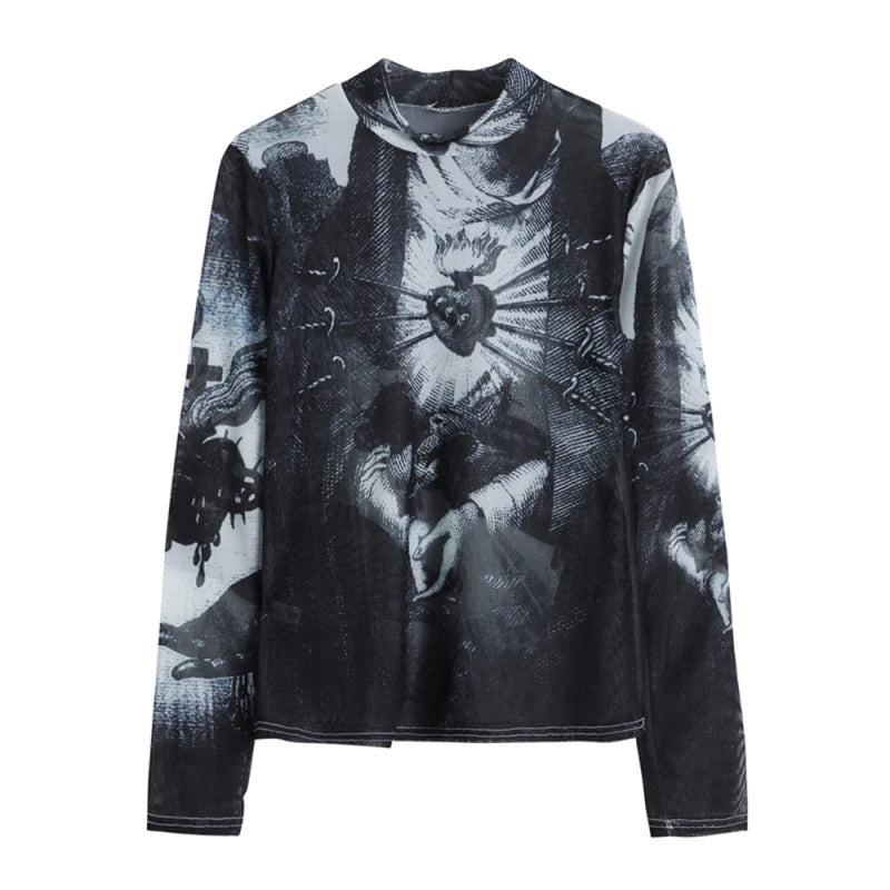 Gothic mesh long sleeve turtleneck top for women with see-through graphic design, stylish and trendy fashion from PressureDen.store
