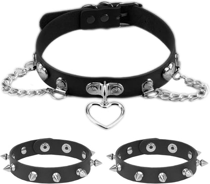Tosmifairy black faux leather choker necklace with FFFFF chain, Gothic fashion accessory on a model.