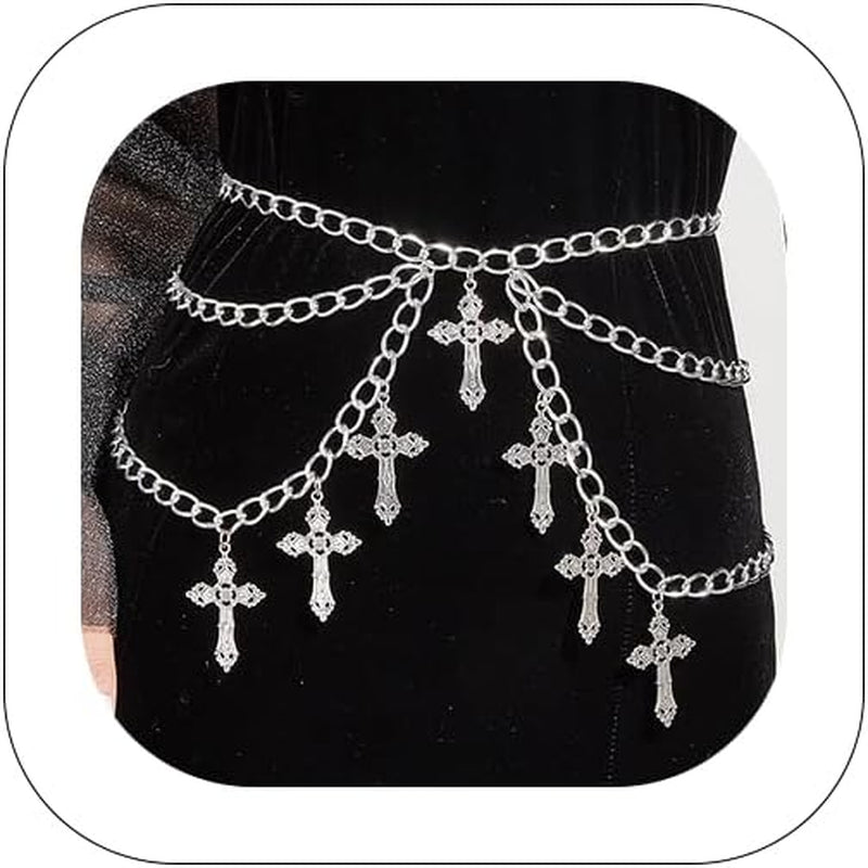 ANGLEQUEEN edgy gothic cross waist chain for women, trendy punk hip hop belly chain with grunge and Halloween style accessories.