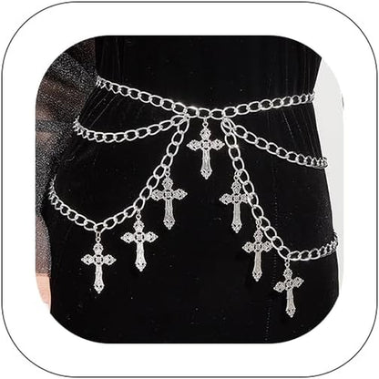 ANGLEQUEEN edgy gothic cross waist chain for women, trendy punk hip hop belly chain with grunge and Halloween style accessories.