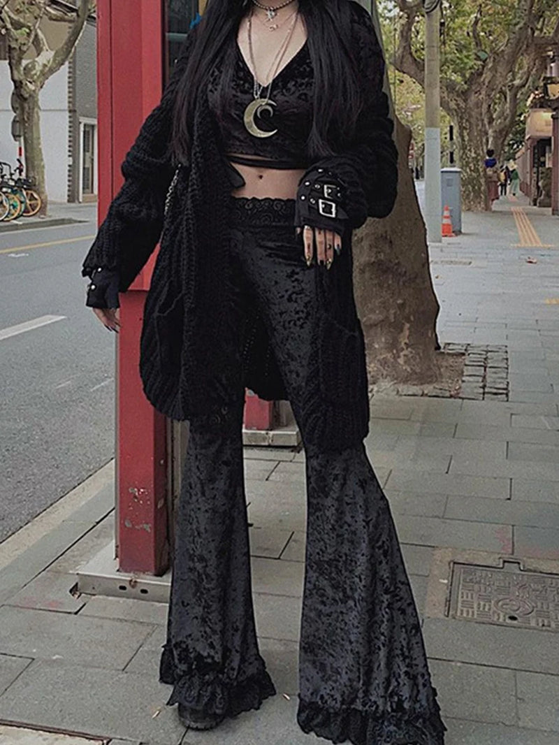 Dark black velvet flare pants with lace patchwork and hollow out details, edgy Harajuku punk gothic style by PressureDen.store
