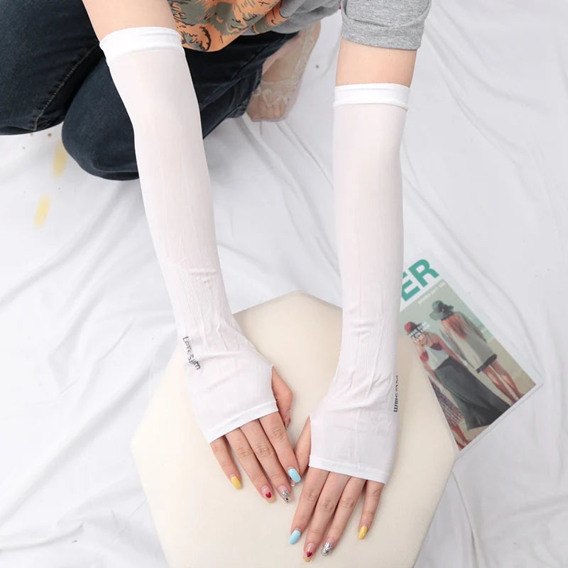 Y2K Goth Lolita Anime Thin Solid Gloves JK Kawaii Girl Mitten Ice Silk Long Oversleeve Man Women Sun Block Cuff Fingerless Glove
