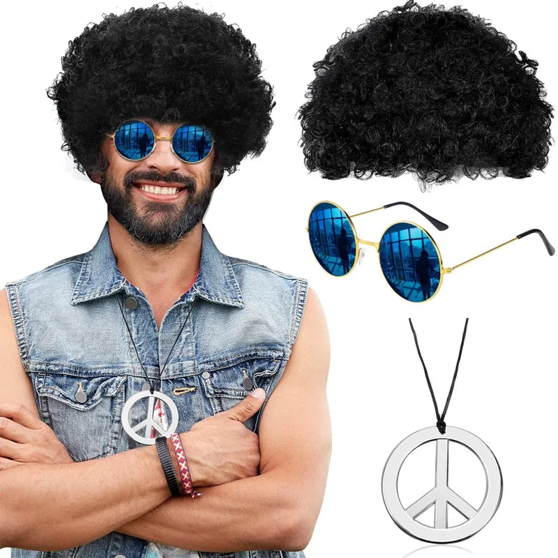 Step Back in Time: Retro Costume Jewelry Set with Afro Wig, Sunglasses & Necklace – Ultimate 80s Style Accessories for Men at 50s, 60s, and 70s Theme Parties!