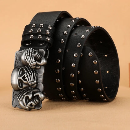 Black leather punk goth rivet belt with paw skull buckle for men and women, stylish high-quality jeans belt from PressureDen.store