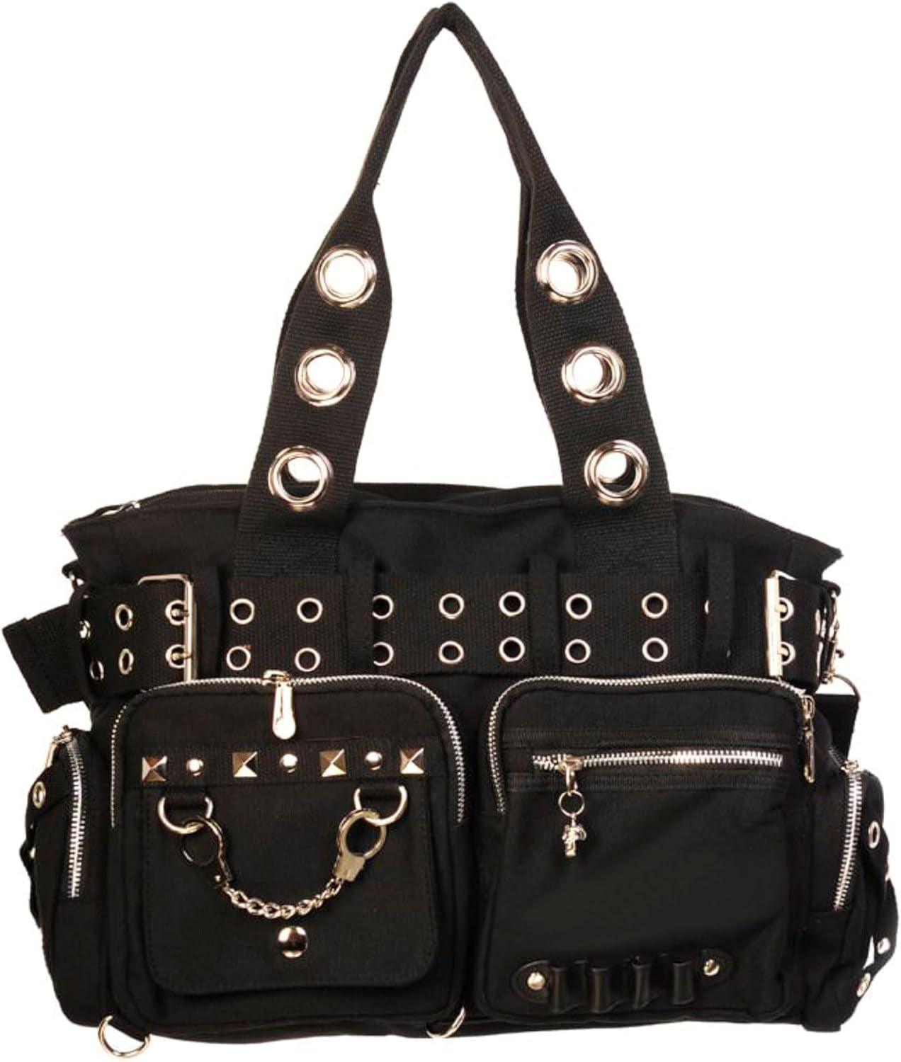 Black gothic punk rock handbag with skull charm and handcuff accents from Lost Queen's Gothic collection.