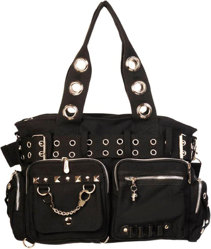 Black gothic punk rock handbag with skull charm and handcuff accents from Lost Queen's Gothic collection.
