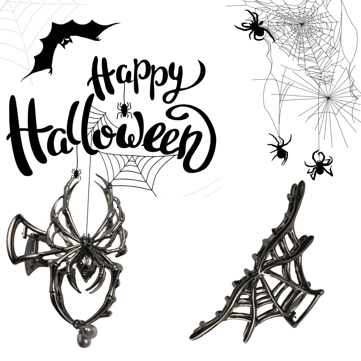 FAIRCHIC Spooky Chic Halloween goth hair claw clips featuring spider web and bone designs, suitable for all hair types.
