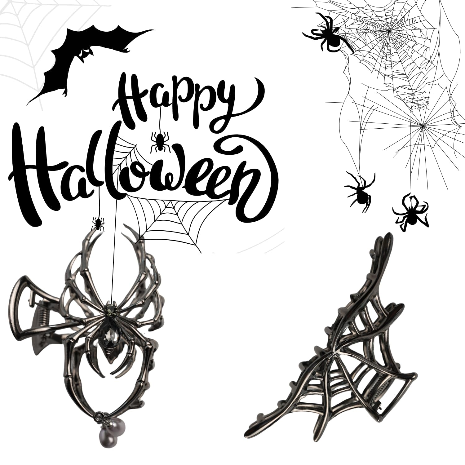 FAIRCHIC Spooky Chic Halloween goth hair claw clips featuring spider web and bone designs, suitable for all hair types.