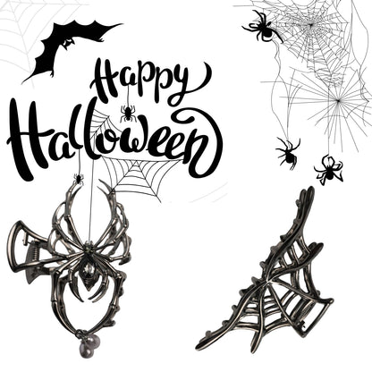 FAIRCHIC Spooky Chic Halloween goth hair claw clips featuring spider web and bone designs, suitable for all hair types.