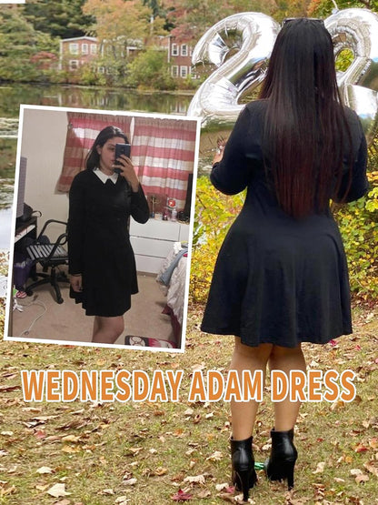 Black women's long sleeve dress with Peter Pan collar, inspired by Wednesday Addams, featuring a chic, gothic-inspired style.