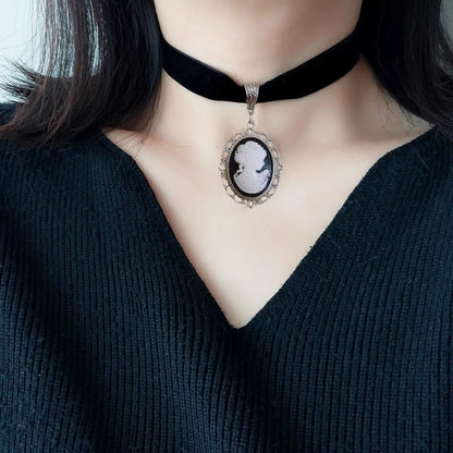 Black velvet princess choker necklace by Cykdohy featuring Victorian crystal cameo, perfect gothic steampunk jewelry.
