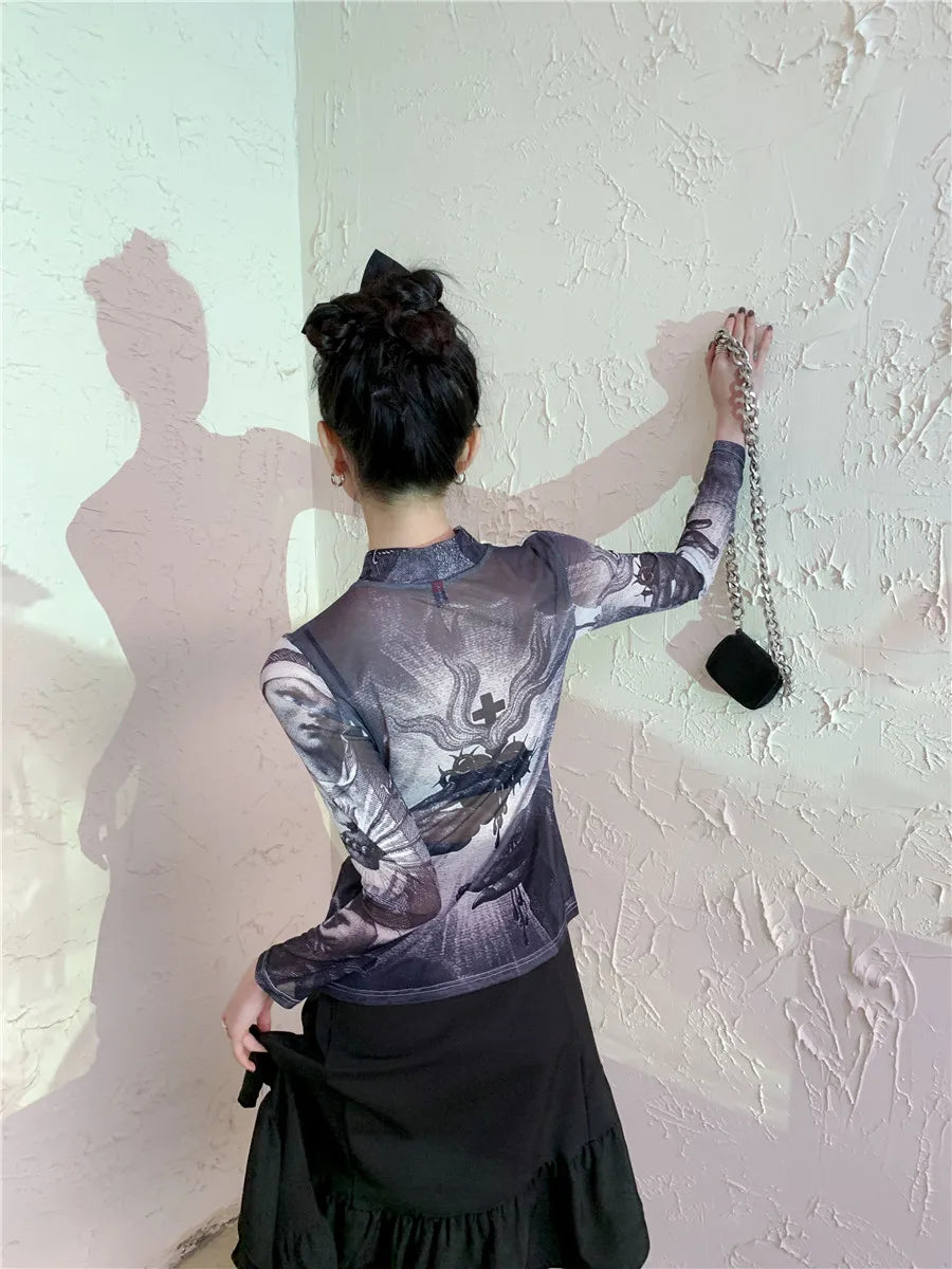 Gothic mesh long sleeve turtleneck top for women featuring see-through graphic design, stylish and trendy from PressureDen.store