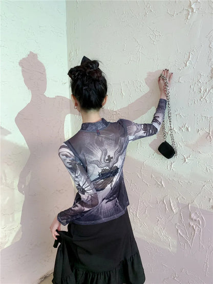 Gothic mesh long sleeve turtleneck top for women featuring see-through graphic design, stylish and trendy from PressureDen.store