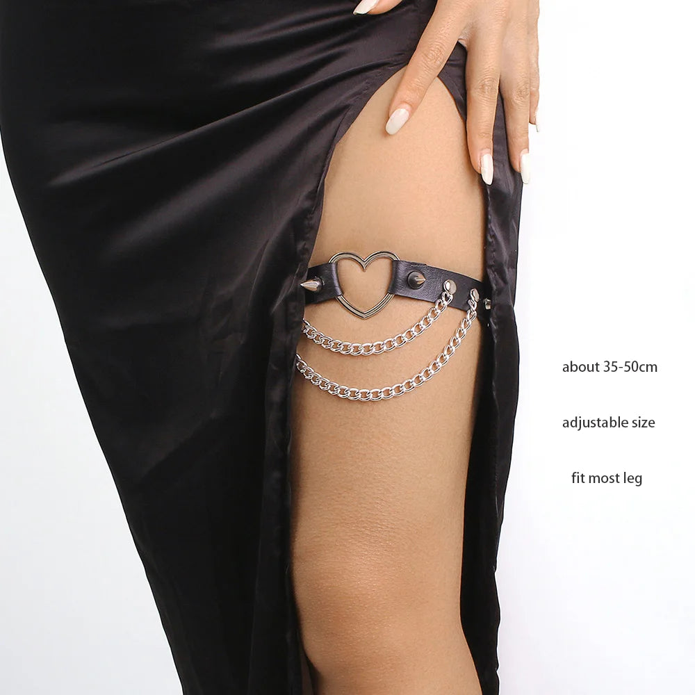 Sexy Leather Heart Belt Elastic Leg Thigh Garter Girl Women Harness Goth Accessories Black Gothic Rivet Punk Anklet