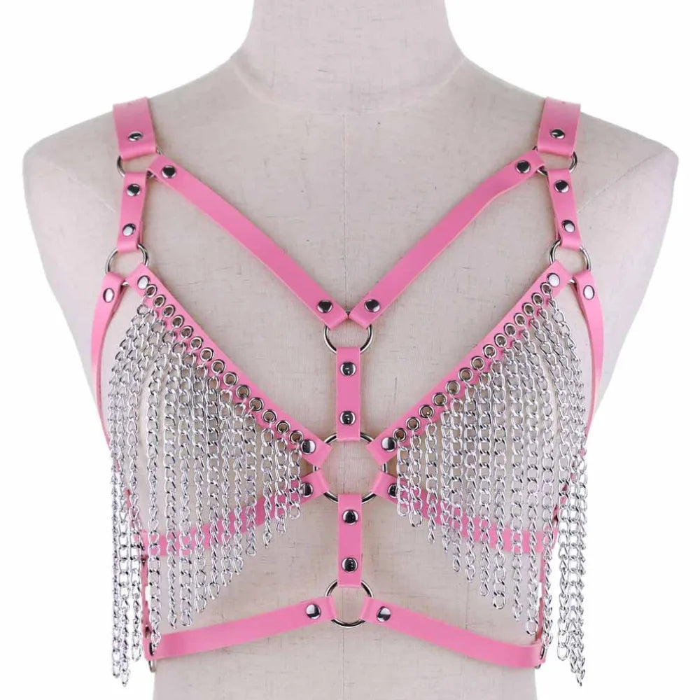 Leather Chain Harness Body Chain Bra Goth Punk Sexy Chain Top Women Body Jewelry Summer Festival Fashion Rave Outfit