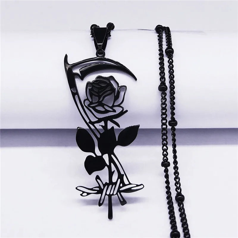 Goth Sickle Rose Flower Necklace for Women Men Stainless Steel Black Color Gothic Chain Aesthetic Jewelry Colier Femme N3834S02