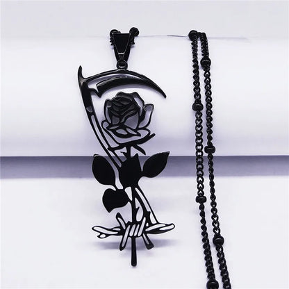Goth Sickle Rose Flower Necklace for Women Men Stainless Steel Black Color Gothic Chain Aesthetic Jewelry Colier Femme N3834S02