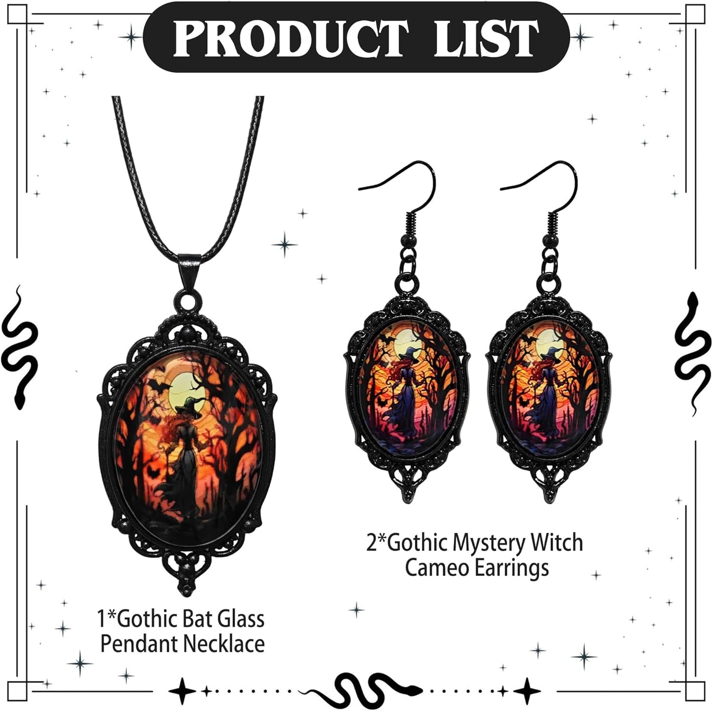 Mystic Witch Gothic Bat Glass Pendant Necklace, Victoria Cameo Black Stainless Steel Rope Chain Witchy Jewelry Choker with Earrings for Women for Halloween