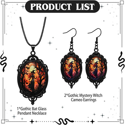 Mystic Witch Gothic Bat Glass Pendant Necklace, Victoria Cameo Black Stainless Steel Rope Chain Witchy Jewelry Choker with Earrings for Women for Halloween