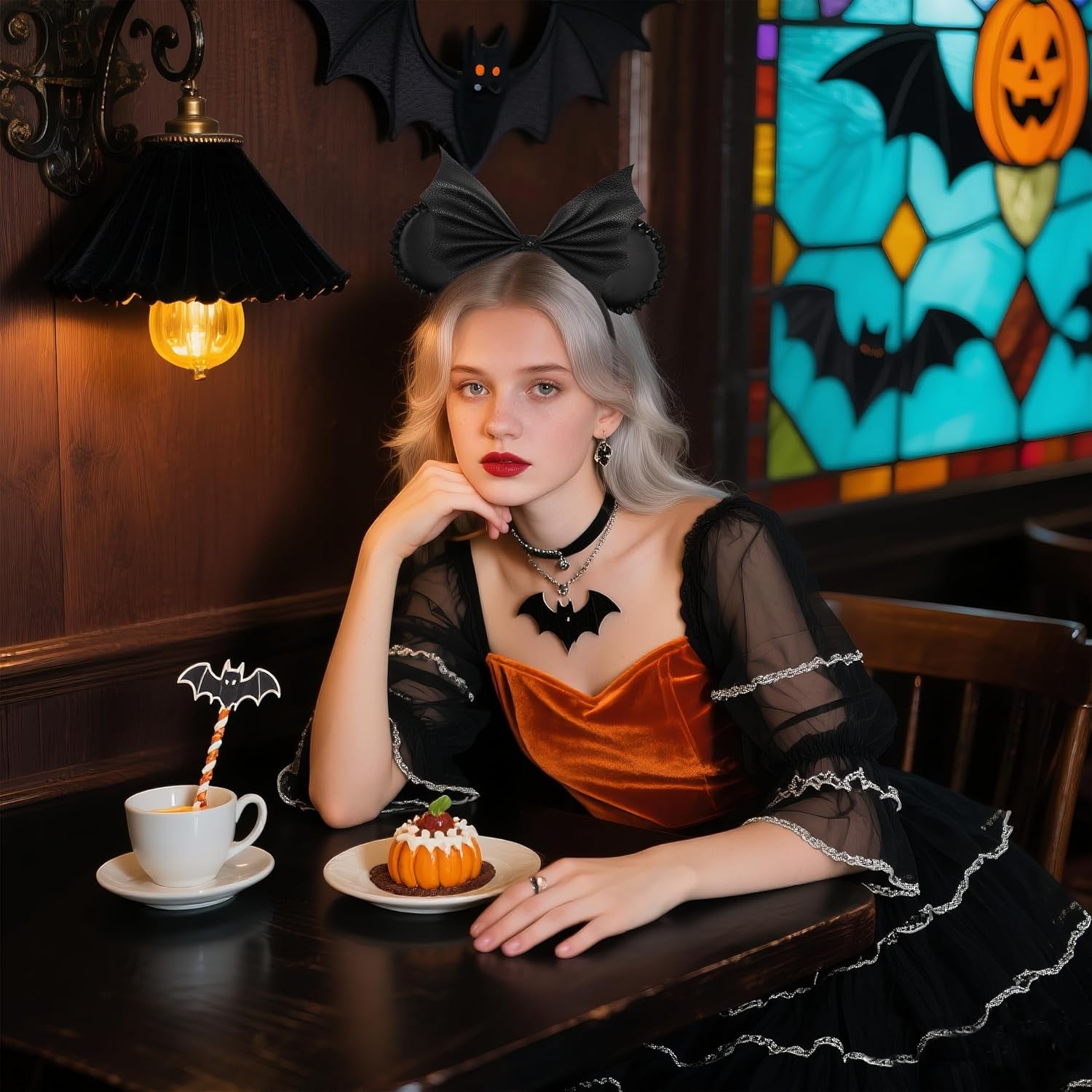 Bianbai Black Faux Leather Mouse Ear Headband with Bat - Wing Bow & Spiked Accents - Goth - Punk Halloween, Cosplay & Theme Park Essential