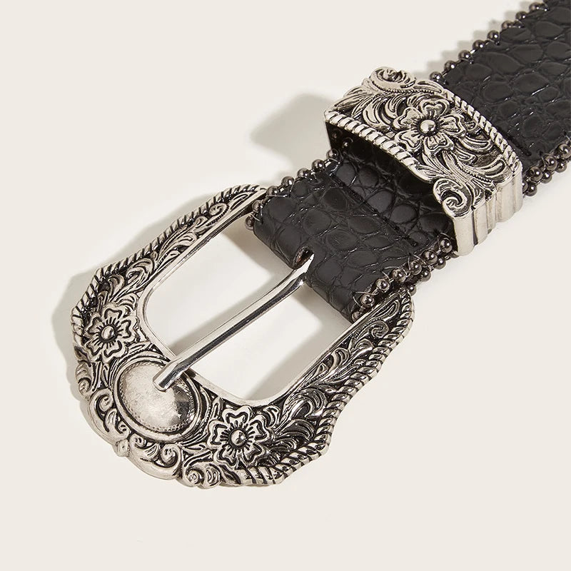 Luxury unisex goth Y2K jeans belt by PressureDen.store featuring a black punk style, 3.8cm waistband, perfect for men and women.