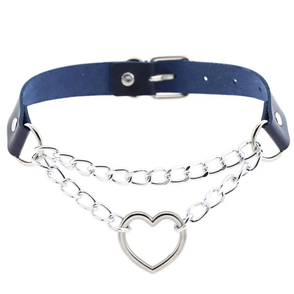 Black leather Gothic heart choker necklace with chain detail, perfect for punk and emo styles.