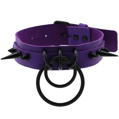 Purple goth punk leather choker necklace with black rivets and metal chain, unisex edgy emo style for Halloween and Y2K cosplay.