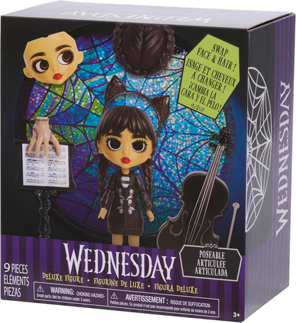 WEDNESDAY Deluxe 6-Inch Articulated Figure, 11-Pieces, Interchangeable Face Plates and Fashion, Customizable Collectible Figurine, Kids Toys for Ages 3 up by