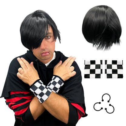 - Emo Costume Set for Men - 2000S Goth Pop Punk Scene Kid Party - Black Wig, Fake Piercings and Checkered Wristbands