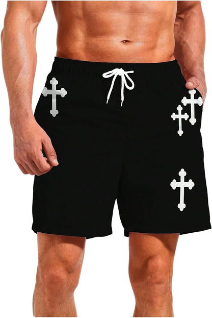 Men's goth cross graphic workout shorts by VIPWOLF, black athletic shorts with a bold cross design and drawstring waist for running and training.